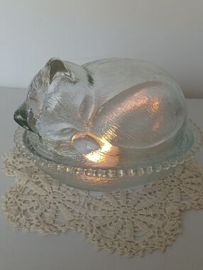 Indiana Glass Clear Glass Sleeping Cat Butter Dish